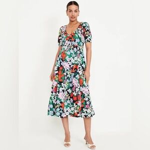 Old Navy Women's Medium Petite Puff Sleeve Midi Swing Dress Floral Multi Bright